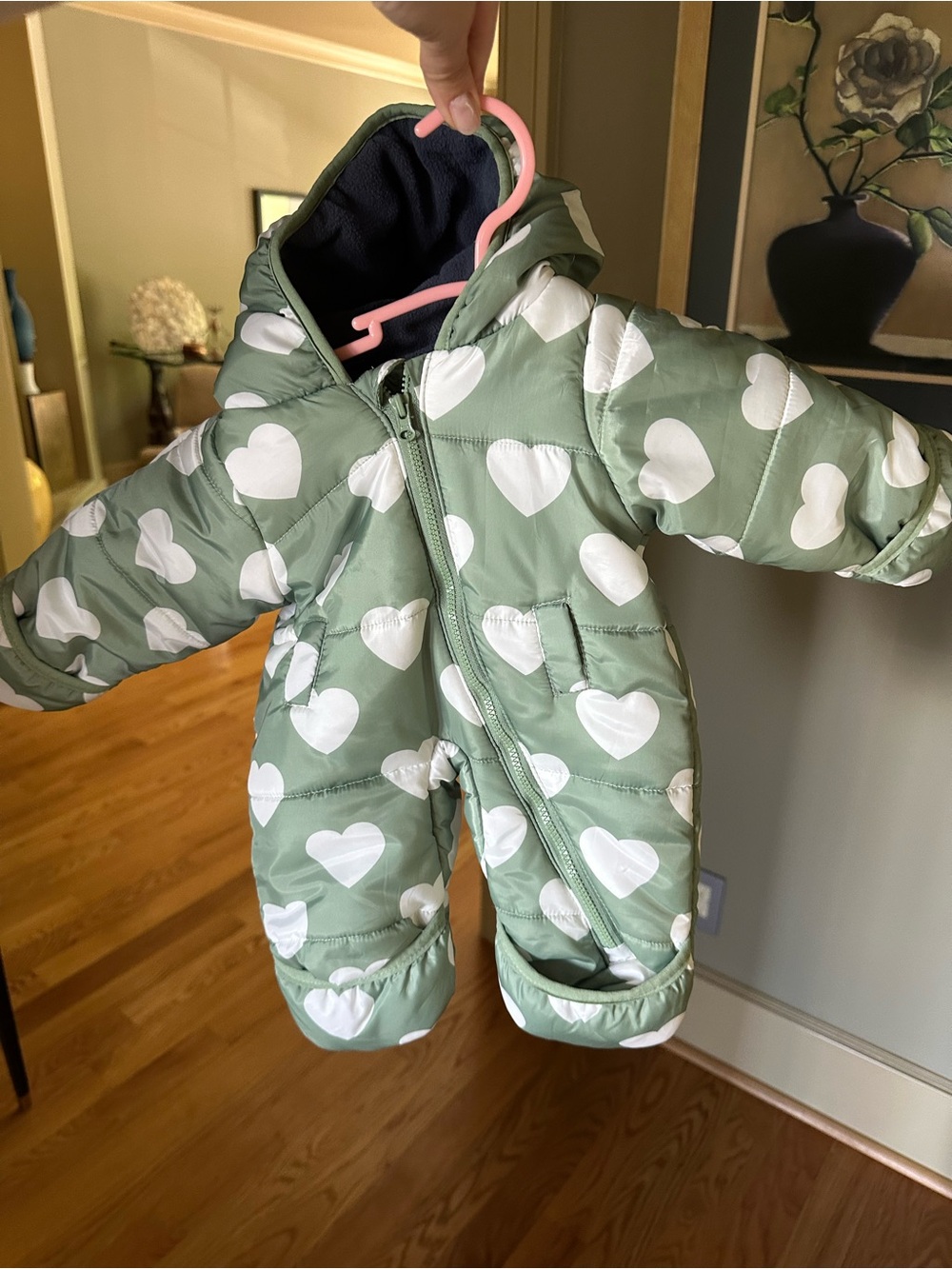 Baby Heart-Print Puffer Bunting - Sage Green & White
